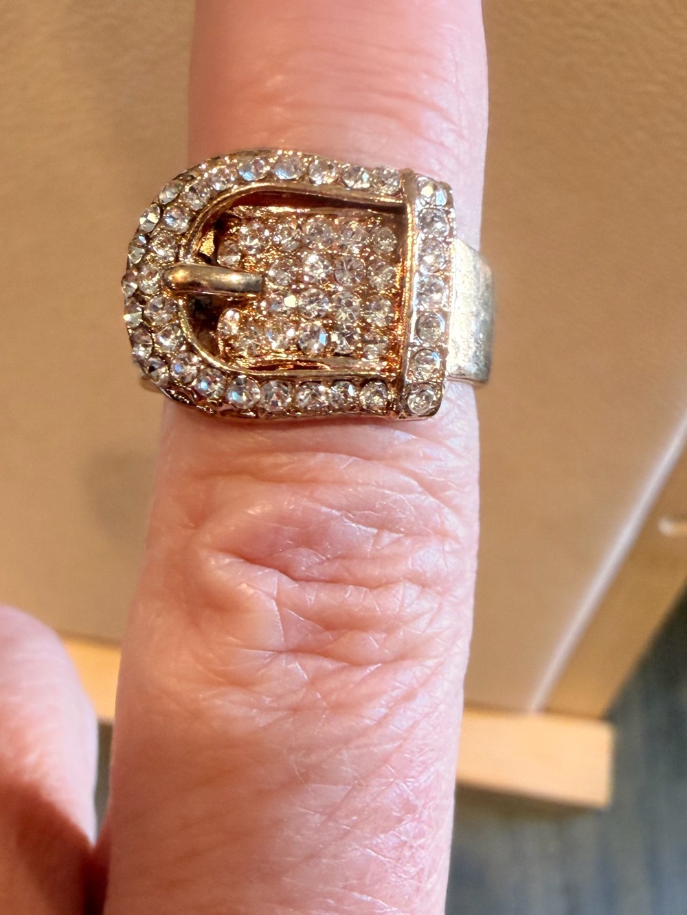 Gold-Tone Crystal Buckle Sparkling Accent Ring